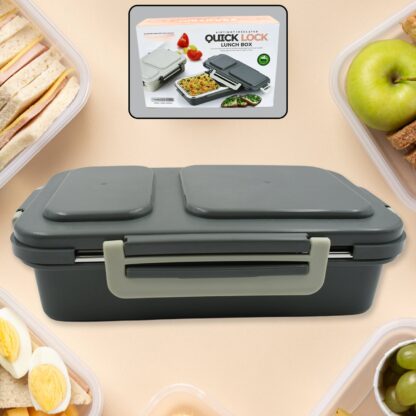 5583 Miracle Quick Lock Leak Proof 2 Compartment Stainless Steel LUNCH BOX Inner Plate Reusable Microwave Freezer Safe Lunch Box Trendy Thermal Insulation Leak Proof for Office Vacuum Tiffin Box for Boys / Girls / School / Office Women and Men  - Image 6