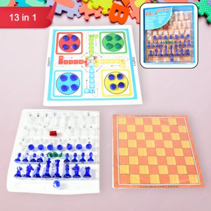 13 in 1 Family Board Game Chess, Snakes & Ladders, Ludo, Tic-Tac-Toe, Checkers, Travel Bingo, Football, Space Venture, Steeplechase Set for Kids - Image 5