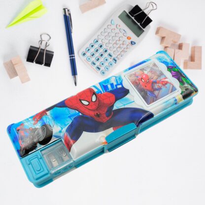 4260 Art & Stationery Cartoon Multi-functional Geometry Box for Boys with Inbuilt Calculator, 2 Sides Open and Double Sharpener Stationery Kit Pencil Box for Boys Art Plastic Pencil Box  for Girls and Boys - Image 5