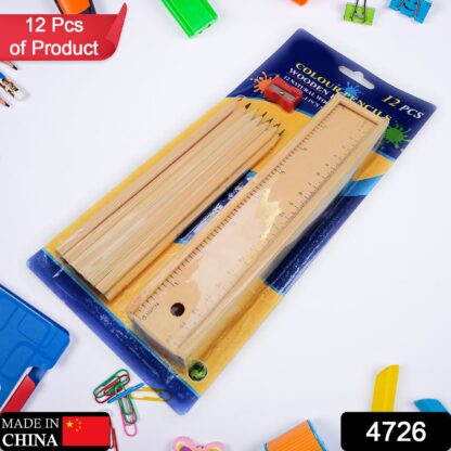 4726 Colorful Wooden Pencil Set with Pencil box, Ruler, Sharpener For for Kids, Artist, Architect (12 Pcs Set) - Image 2