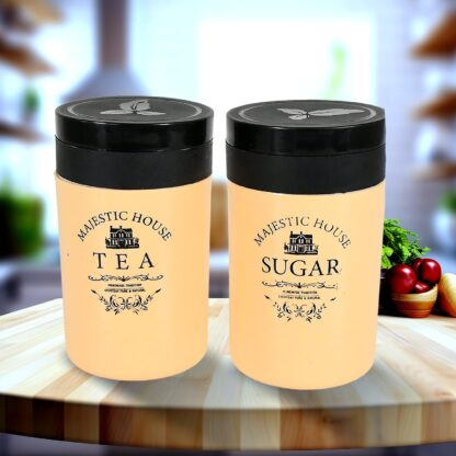 5640 Accurate Seal Tea Sugar Coffee Container, Plastic Damru Shaped Tea, Coffee, Sugar Canisters Jar, New Airtight Food Seal Containers for Salt, Dry Fruit, Grocery 2 Section (800 ML Approx)