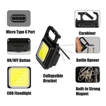 Rechargeable Keychain Mini Flashlight with 4 Light Modes,Ultralight Portable Pocket Light with Folding Bracket Bottle Opener and Magnet Base for Camping Walking - Image 2