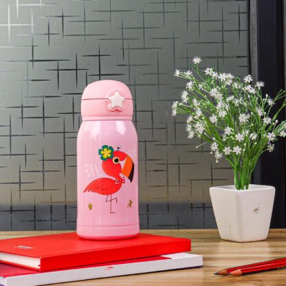 Love Baby Cute Animals Prints Kids Bottle Sipper for HOT N Cold Water, Milk, Juice with Bottle Cover, Cup, Zip Pocket & Straw to Keep Things Orange Green Pink Colors for Outdoor / Office / Gym / School (600 ML) - Image 4