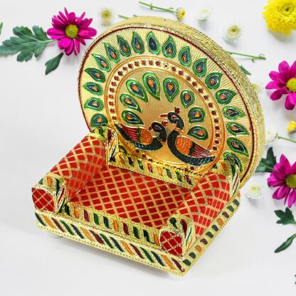 17697 Meenakari Work Laddu Gopal Singhasan for Pooja Mandir Wooden Krishna Ladoo Bal Gopal Sofa Asan, Home Decorative Premium Look Decorative Singhasan Suitable For Home, Office, Restaurant (2 Pc Set) - Image 3