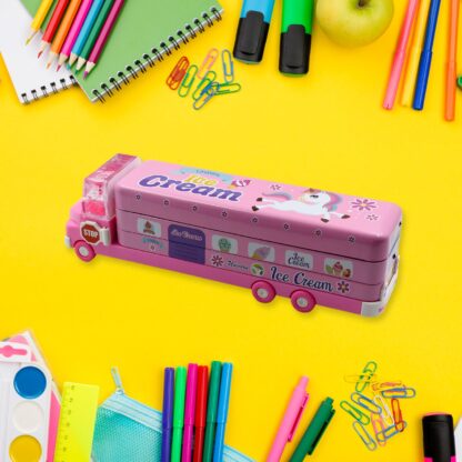 4568  Double Decker Magic Truck Compass Multi Level Metal Truck Compass Pencil Case with Movable Wheels & Sharpener (Mix Design) - Image 3