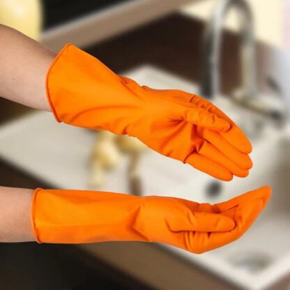 Multipurpose Rubber Reusable Cleaning Gloves, Reusable Rubber Hand Gloves I Latex Safety Gloves I for Washing I Cleaning Kitchen I Gardening I Sanitation I Wet and Dry Use Orange Gloves (1 Pair 40 Gm) - Image 7