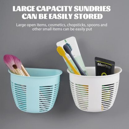 8825 Hanging Plastic Storage Basket, Adhesive Wall Mounted Organizer Box Make Up Holder Shelf Bathroom Wall Basket Punch Free Drain Basket for Kitchen Bathroom, Wall Type Storage Basket (1 Pc) - Image 3