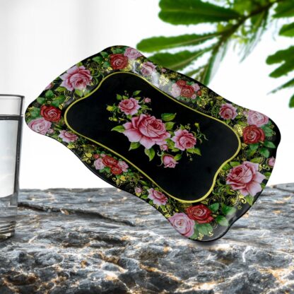 Stainless Steel Serving Tray With Flower Printed Rectangle Premium Dining Table Plate (18 x 8.5 Inch / 1 Pc) - Image 6