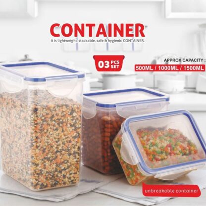 5829 Classics Rectangular Plastic Airtight Food Storage Containers with Leak Proof Locking Lid Storage container set of 3 Pc( Approx Capacity 500ml,1000ml,1500ml, Transparent) - Image 2