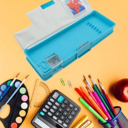 4260 Art & Stationery Cartoon Multi-functional Geometry Box for Boys with Inbuilt Calculator, 2 Sides Open and Double Sharpener Stationery Kit Pencil Box for Boys Art Plastic Pencil Box  for Girls and Boys - Image 3