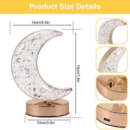 12570 Crystal Table Lamp | Moon Shape Touch Control Lamp with 3 Color | Metal Bedside Lamp for Kids Bedroom Romantic Desktop Nightstand | Stepless Dimming USB Charging Touch Night Light - Image 4