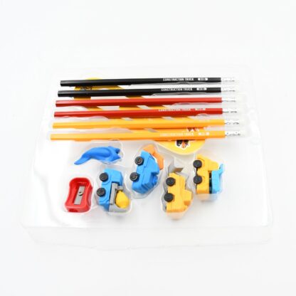 4547 Pencil and Eraser Set, Construction Truck Theme Stationery Kit Includes 6 Pencils, 4 Erasers, 1 Sharpener, 1 Ruler Bookmark, 1 Pencil Cap Stationary For Birthday Gifts for Kids, Birthday Return Gifts (13 Pc set) - Image 4