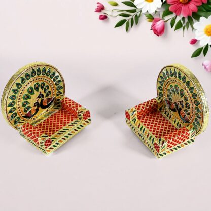 17697 Meenakari Work Laddu Gopal Singhasan for Pooja Mandir Wooden Krishna Ladoo Bal Gopal Sofa Asan, Home Decorative Premium Look Decorative Singhasan Suitable For Home, Office, Restaurant (2 Pc Set) - Image 6