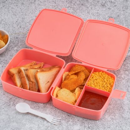 5787 Double-Layer Square Lunch Box with  Spoon , 4 Compartment Tiffin & Push Lock , Plastic Tiffin Box for Travelling, School Kids & Office Exclusive, Home - Image 5