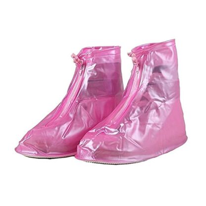 4541 Plastic Shoes Cover Reusable Anti-Slip Boots Zippered Overshoes Covers Pink, Transparent Waterproof Snow Rain Boots for Kids/Adult Shoes, for Rainy Season (L Size1 Pairs) - Image 4