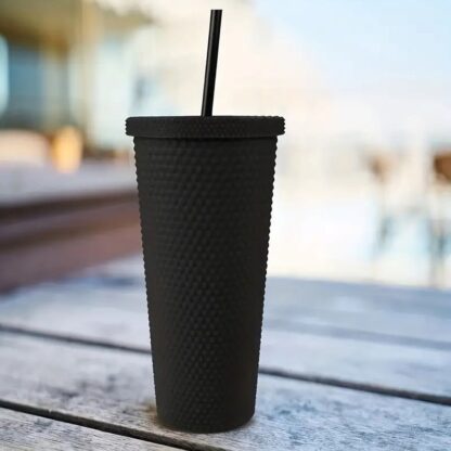 0304 Cup with Straw Reusable Matte Studded Tumbler with Leak Proof Lid Water Cup Travel Mug Coffee Ice Water Bottle Double Walled Insulated Tumbler BPA Free (1 Pc / Mix Color) - Image 7