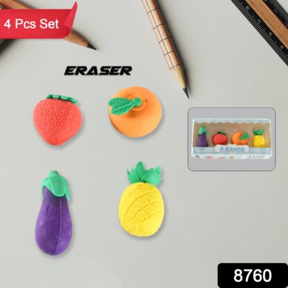 8760 Mini Cute Vegetables and Fruits Erasers or Pencil Rubbers for Kids, 1 Set Fancy & Stylish Colorful Erasers for Children, Eraser Set for Return Gift, Birthday Party, School Prize, 3D Erasers  (4 pc Set) - Image 2