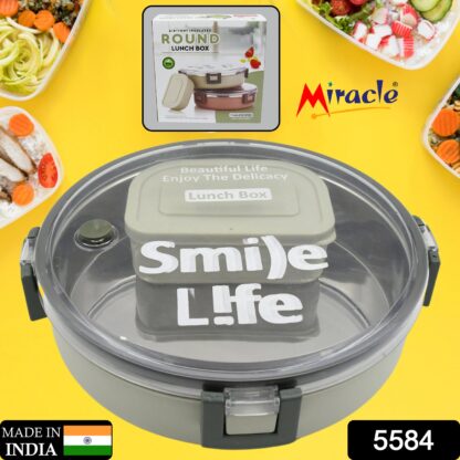 Miracle Stainless Steel Round Lunch Box, with Small Plastic Box Insert Leak Proof Lunch Box with Transparent lid, Lunch Box for Kids & Adults for School, Office (450 ML + 250 ML Approx) - Image 2