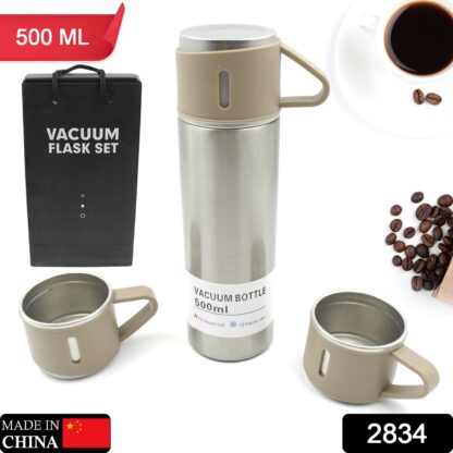 2834 Stainless Steel Vacuum Flask Set with 3 Steel Cups Combo for Coffee Hot Drink and Cold Water Flask Ideal Gifting Travel Friendly Latest Flask Bottle. (500ml) - Image 2