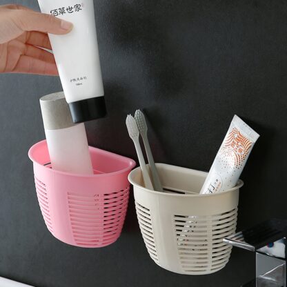 8825 Hanging Plastic Storage Basket, Adhesive Wall Mounted Organizer Box Make Up Holder Shelf Bathroom Wall Basket Punch Free Drain Basket for Kitchen Bathroom, Wall Type Storage Basket (1 Pc) - Image 2