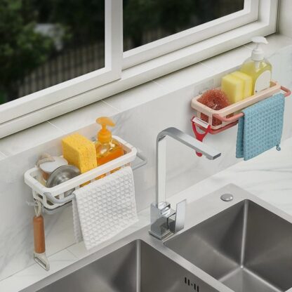 8788 Multipurpose Platic Hanging Drain Rack Retractable Sponge Storage Hanging Rack With Adhesive Hook for Kitchen and Bathroom Dishcloth Holders Basket Drying Tray Organizer - Image 5