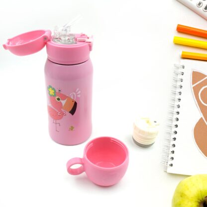 Love Baby Cute Animals Prints Kids Bottle Sipper for HOT N Cold Water, Milk, Juice with Bottle Cover, Cup, Zip Pocket & Straw to Keep Things Orange Green Pink Colors for Outdoor / Office / Gym / School (600 ML) - Image 5