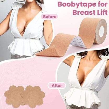 6596 Boob Tape with 10 Pairs Nipple Cover Cotton Wide Thin Breast Tape - Women's & Girl's Breast Lift Booby Tape - Push Up & Lifting Tape - Suitable for All Breast Types - Breast Lift Bra Tape - Bob Tape for Natural Breast Lift (1 Pc 5 Meters) - Image 2