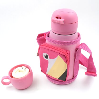 Love Baby Cute Animals Prints Kids Bottle Sipper for HOT N Cold Water, Milk, Juice with Bottle Cover, Cup, Zip Pocket & Straw to Keep Things Orange Green Pink Colors for Outdoor / Office / Gym / School (600 ML) - Image 6