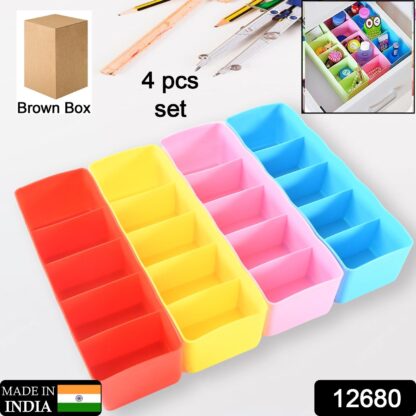 12680 Multi-Function Desktop Drawer Storage Box Clothing Organizer 5 Grid Storage Box Underwear Socks ,Ties Organizer Box (4 Pc Set) - Image 2