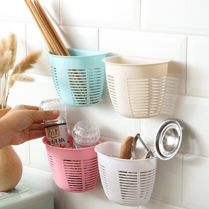 8825 Hanging Plastic Storage Basket, Adhesive Wall Mounted Organizer Box Make Up Holder Shelf Bathroom Wall Basket Punch Free Drain Basket for Kitchen Bathroom, Wall Type Storage Basket (1 Pc) - Image 12