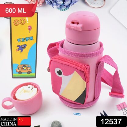 Love Baby Cute Animals Prints Kids Bottle Sipper for HOT N Cold Water, Milk, Juice with Bottle Cover, Cup, Zip Pocket & Straw to Keep Things Orange Green Pink Colors for Outdoor / Office / Gym / School (600 ML) - Image 3