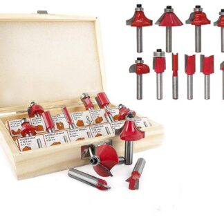 Set of 12/15 milling cutter router bits, showing various shapes and sizes.