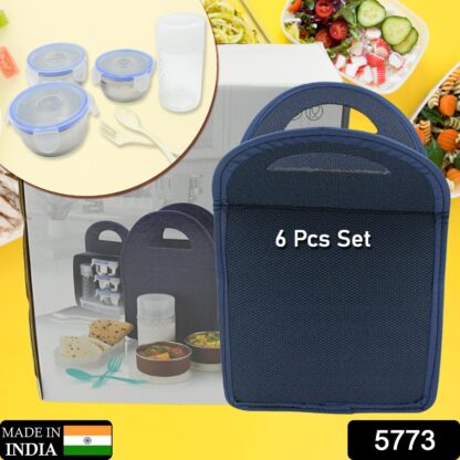 5773 6In1 Tiffin Box-Lunch Box | 3 Stainless Steel Containers | Plastic lid Box | Spoon & Fork /Plastic Bottle | Insulated Fabric Bag | Leak Proof | Microwave Safe  for Office, College and School for Men, Women (6 pcs) - Image 2