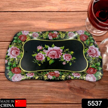 Stainless Steel Serving Tray With Flower Printed Rectangle Premium Dining Table Plate (18 x 8.5 Inch / 1 Pc) - Image 2