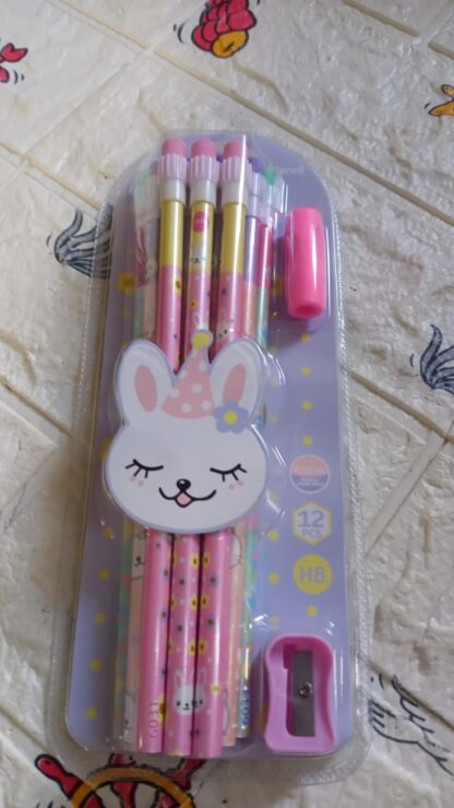 4396 Cute Rabbit Bear Drawing Graphite Writing Pencil Set with Pencil Sharpener & Eraser, Pencil and Eraser Set with Eraser for Kids, for Girls, Fancy School Stationary, Birthday Party Return Gift (14 Pc Set) - Image 8