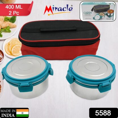 5588 Miracle Carry Lunch Box Microwave Safe Lunch Box With Insulated Bag 2 Compartment Lunch Box (400 ML / 2 pc) - Image 2