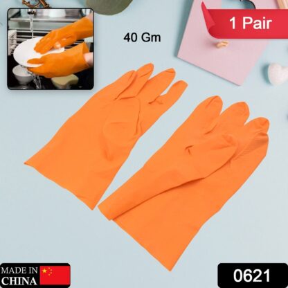 Multipurpose Rubber Reusable Cleaning Gloves, Reusable Rubber Hand Gloves I Latex Safety Gloves I for Washing I Cleaning Kitchen I Gardening I Sanitation I Wet and Dry Use Orange Gloves (1 Pair 40 Gm) - Image 2