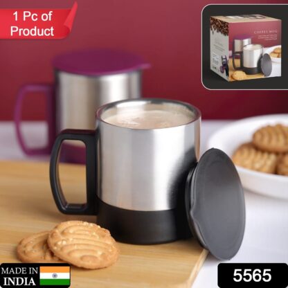 5565 Stainless Steel Coffee/Tea Cup, Stainless Steel Lid Cover Hot Coffee/Tea Mug Hot Insulated Double Wall Stainless Steel, Coffee and Milk Cup with Lid & Handle Easy To Carry - Coffee Cup (1 Pc) - Image 2