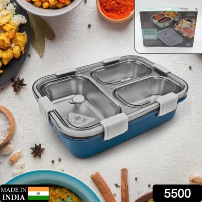 5500 3 Compartment Transparent Stainless Steel Lunch Box for Kids, Tiffin Box, Lunch Box, Lunch Box for Kids, Insulated Lunch Box, Lunch Box for Office Women and Men, Stainless Steel Tiffin Box for Boys, Girls, School Office (Multi Color) - Image 2