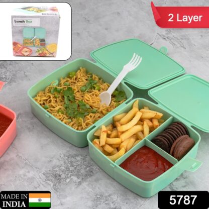 5787 Double-Layer Square Lunch Box with  Spoon , 4 Compartment Tiffin & Push Lock , Plastic Tiffin Box for Travelling, School Kids & Office Exclusive, Home - Image 2