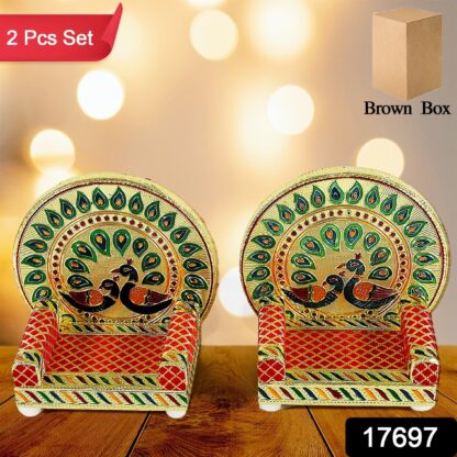 17697 Meenakari Work Laddu Gopal Singhasan for Pooja Mandir Wooden Krishna Ladoo Bal Gopal Sofa Asan, Home Decorative Premium Look Decorative Singhasan Suitable For Home, Office, Restaurant (2 Pc Set) - Image 2