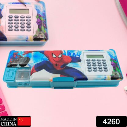 4260 Art & Stationery Cartoon Multi-functional Geometry Box for Boys with Inbuilt Calculator, 2 Sides Open and Double Sharpener Stationery Kit Pencil Box for Boys Art Plastic Pencil Box  for Girls and Boys - Image 2