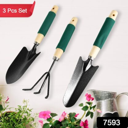 7593 Gardening Tools - Hand Cultivator, Trowel, Heavy Duty with Ergonomic Wooden Handle for Transplanting and Digging (3 Pcs Set) - Image 2