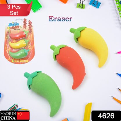 4626 3D Fancy & Stylish Colorful Chili Shape Erasers, Mini Eraser Creative Cute Novelty Eraser for Children Eraser Set for Return Gift, Birthday Party, School Prize, (3 pc Set) - Image 2