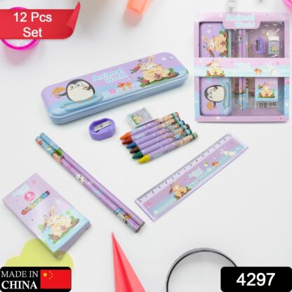 4297 School Supplies Stationery Kit with 1 Pencil Box Case 2 Pencils 6 Crayon Colors 1 Ruler Scale 1 Eraser 1 Sharpener Stationary Kit for Girls Pencil Pen Book Eraser Sharpener Crayons - Stationary Kit Set for Kids Birthday Gift (12 Pc Set) - Image 2