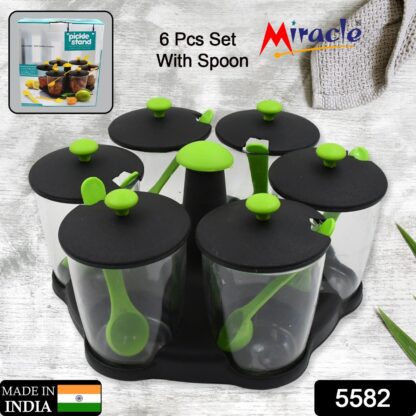 5582 Multipurpose 6 Piece Miracle Revolving Plastic Spice Container Rack With 6 Spoon, Condiment Set, Masala Rack Set, Revolving Spice Rack Aachar Container Chutney Mukhwas Tray Masala Dining Spice Stand - Image 2