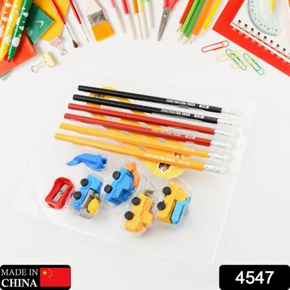 4547 Pencil and Eraser Set, Construction Truck Theme Stationery Kit Includes 6 Pencils, 4 Erasers, 1 Sharpener, 1 Ruler Bookmark, 1 Pencil Cap Stationary For Birthday Gifts for Kids, Birthday Return Gifts (13 Pc set) - Image 2