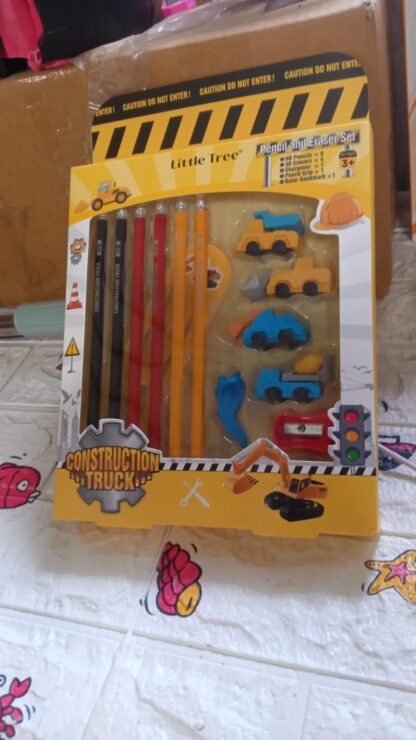 4547 Pencil and Eraser Set, Construction Truck Theme Stationery Kit Includes 6 Pencils, 4 Erasers, 1 Sharpener, 1 Ruler Bookmark, 1 Pencil Cap Stationary For Birthday Gifts for Kids, Birthday Return Gifts (13 Pc set) - Image 6