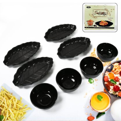 Invitation Round Ceramic Snacks Bowl With Plastic Leaf shape Serving platter Portable, Lightweight Breakfast, Serving Bowl | Ideal for Rice, Pasta, Desserts Home & Kitchen Serving Bowl & platter (8 Pcs set) - Image 3