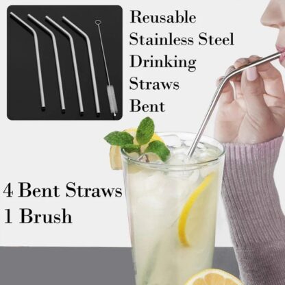 Reusable Stainless Steel Drinking Straws Bent (4 Bent Straws, 1 Brush) - Image 2